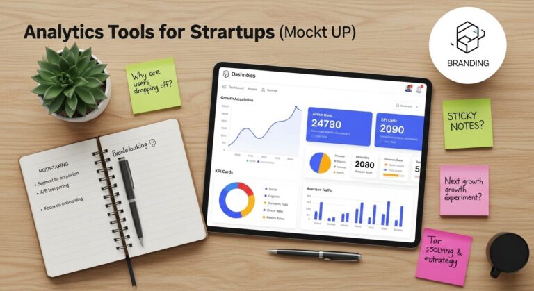 Tech startup team analyzing digital marketing analytics dashboard displaying growth metrics