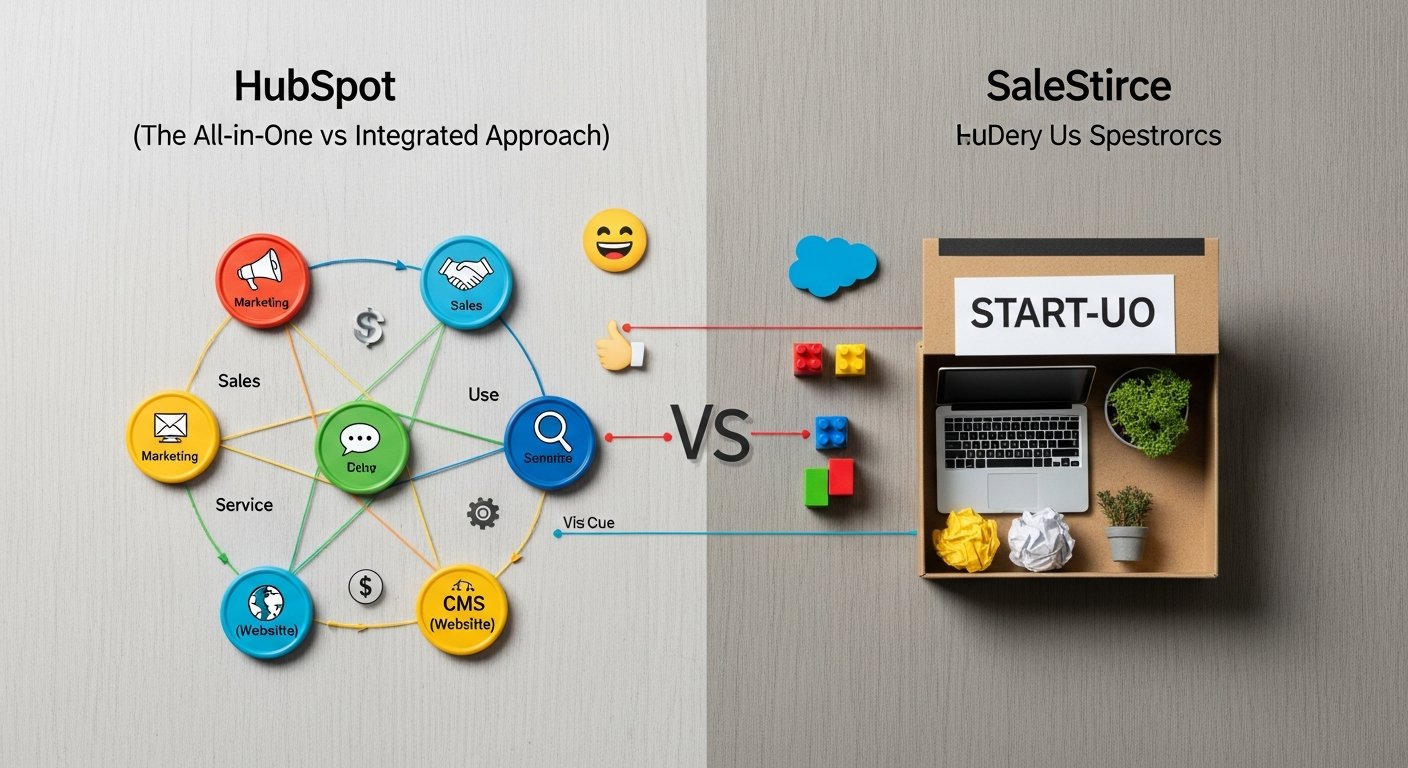 Illustration comparing HubSpot and Salesforce for tech startups' digital marketing and CRM needs
