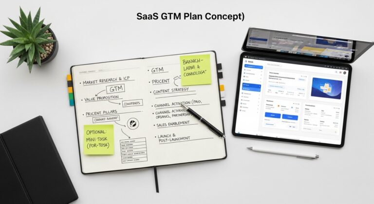 Illustration of a SaaS go-to-market plan with digital marketing icons for tech startups
