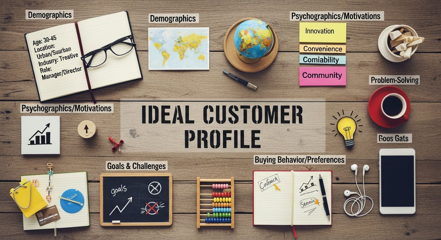 Illustration of an ideal customer profile for tech startups with buyer-persona icons and digital marketing analytics