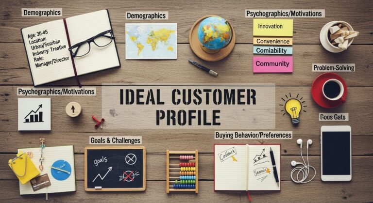 Illustration of an ideal customer profile for tech startups with buyer-persona icons and digital marketing analytics