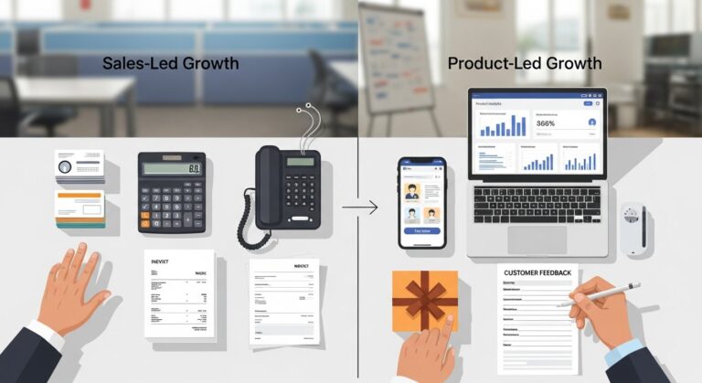 Illustration comparing sales-led vs product-led growth strategies for tech startups and digital marketing