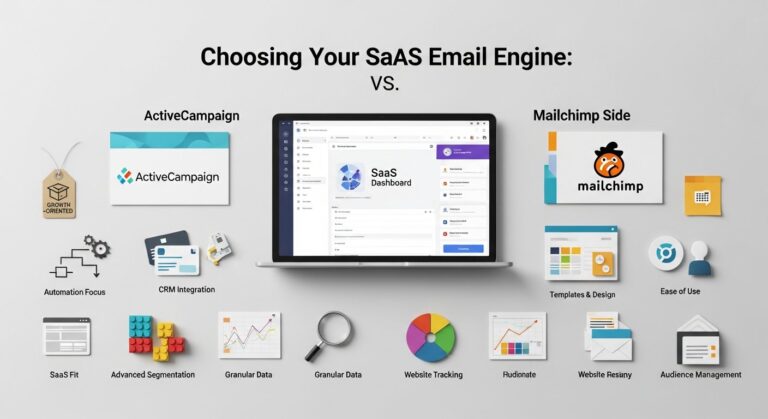 Featured illustration comparing ActiveCampaign vs Mailchimp for SaaS email marketing for tech startups and digital marketing