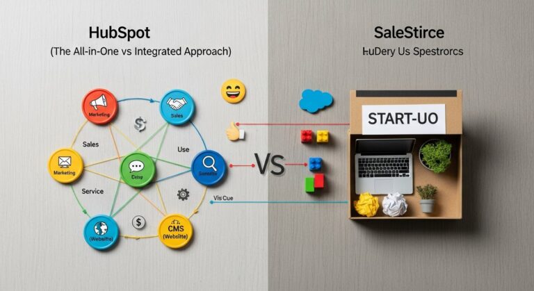 Illustration comparing HubSpot and Salesforce for tech startups' digital marketing and CRM needs