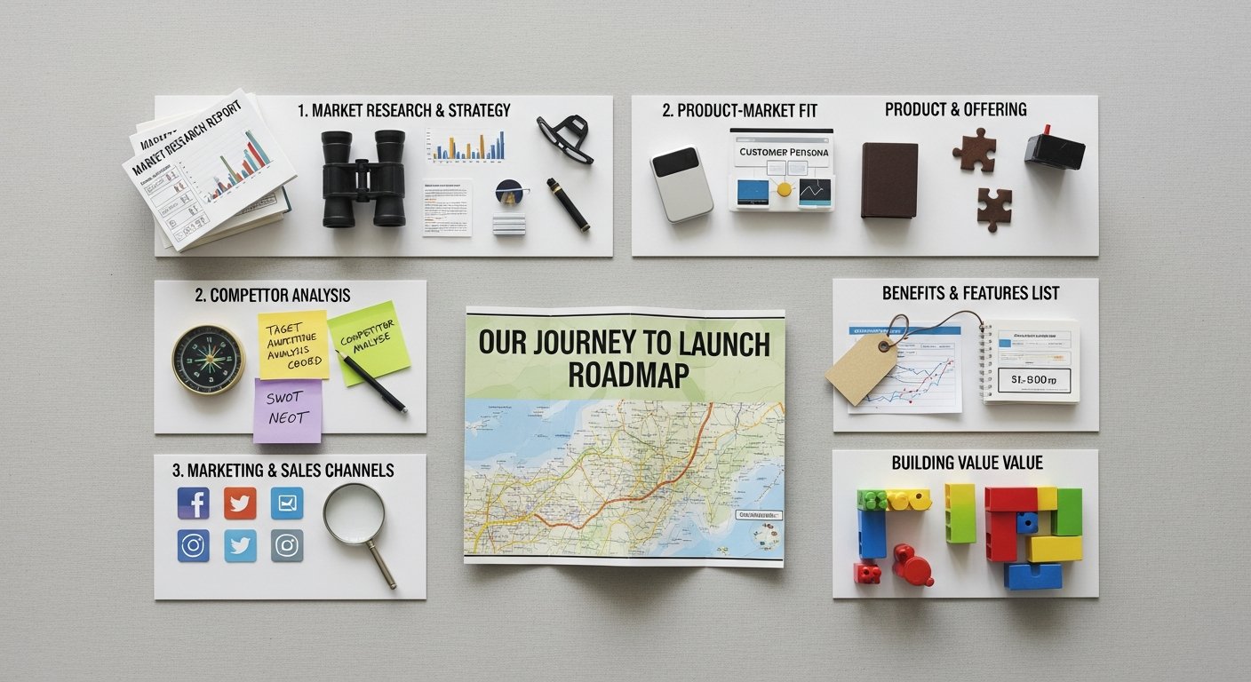 Featured illustration of a go-to-market roadmap for tech startups with product launch timeline and digital marketing icons