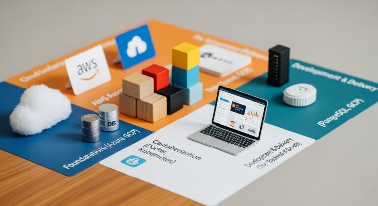 Scalable tech stack illustration with cloud, APIs, and analytics for tech startups and digital marketing teams