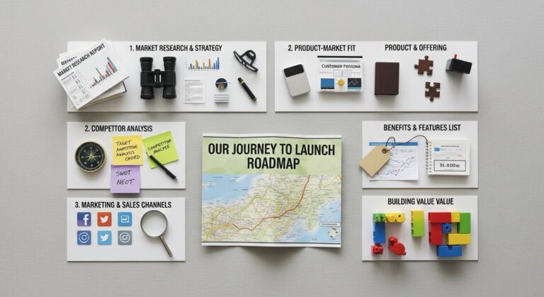 Featured illustration of a go-to-market roadmap for tech startups with product launch timeline and digital marketing icons