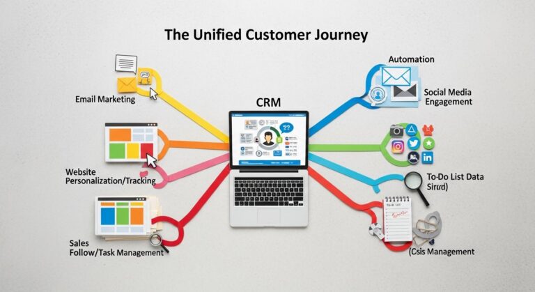 Illustration showing CRM and marketing automation integration for tech startups and digital marketing teams