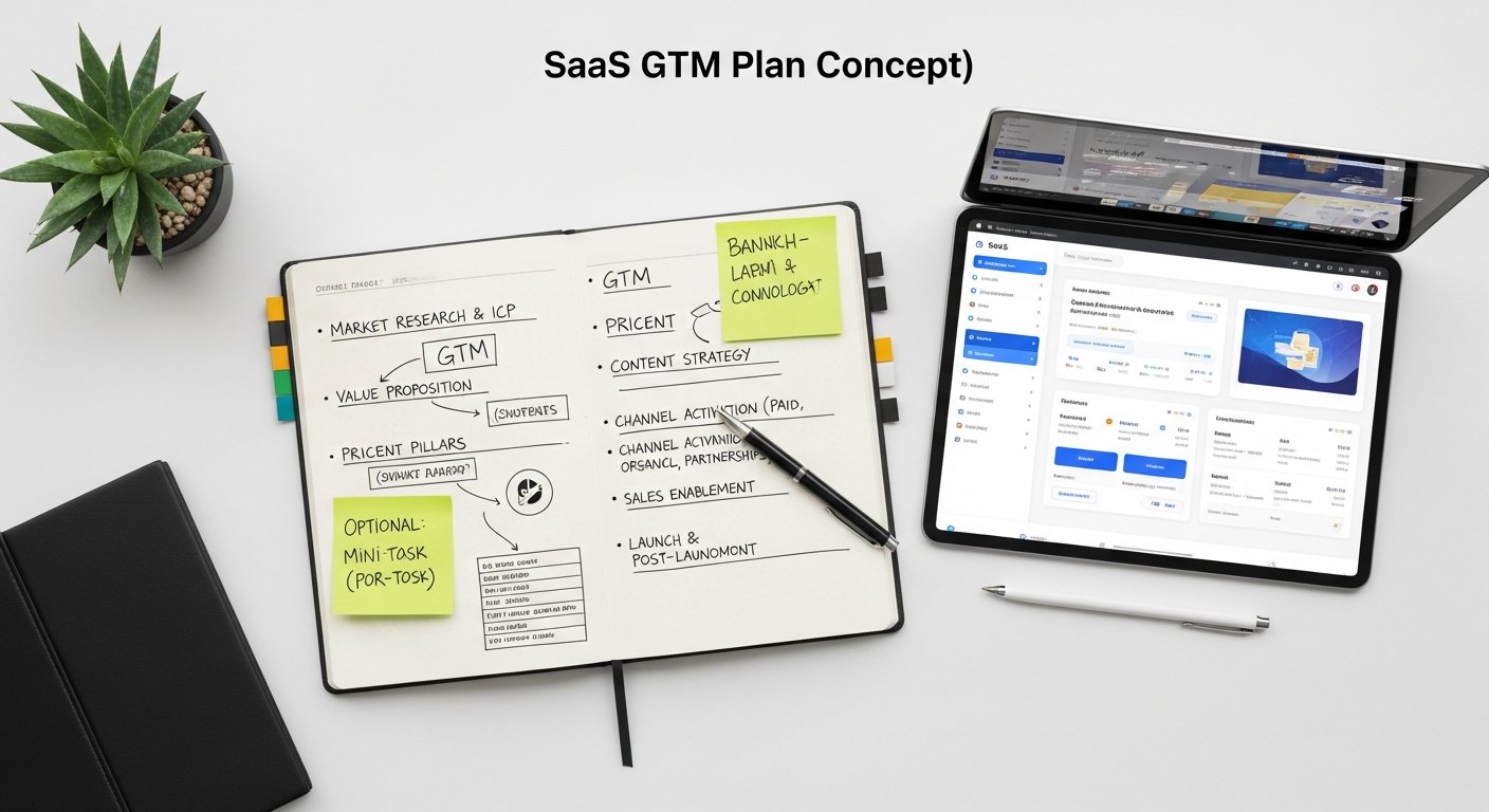Illustration of a SaaS go-to-market plan with digital marketing icons for tech startups