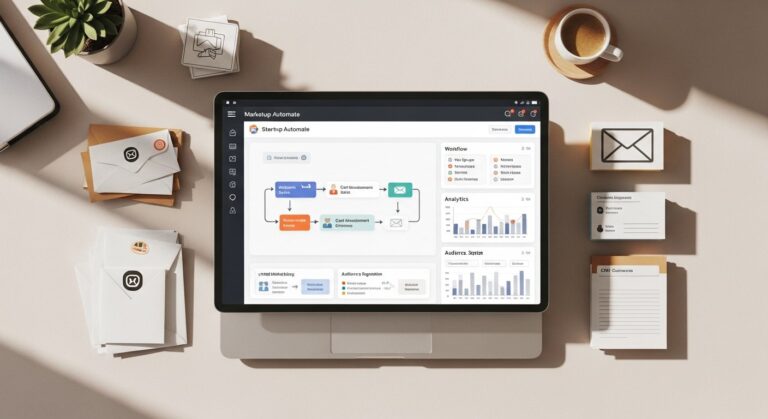 Marketing automation dashboard with analytics and digital marketing tools for tech startups