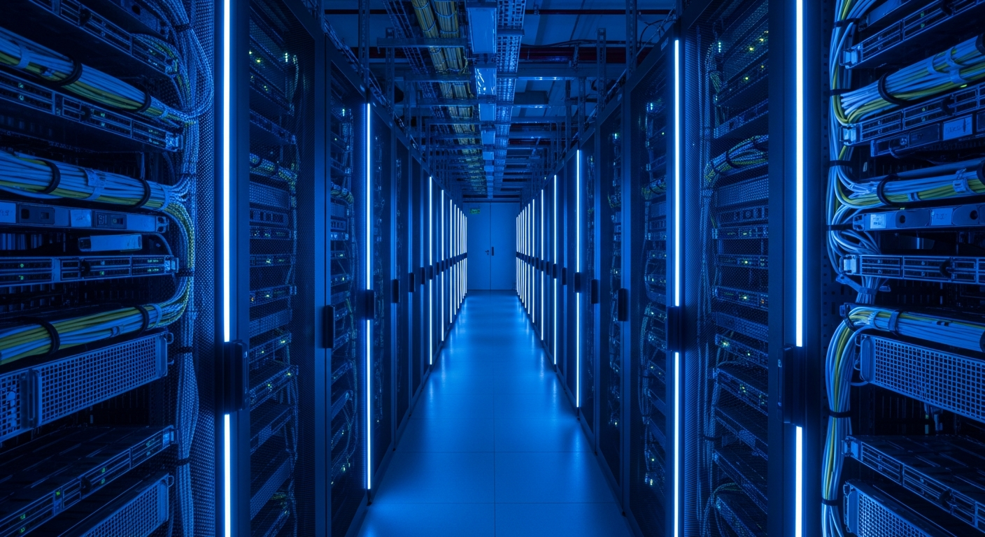 Server racks with blue LED lights in a modern data center, illustrating Information Technology infrastructure
